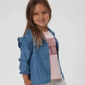 remera estampada y campera jeans con volado niña gimos invierno 2019 remera estampada y campera jeans con volado niña gimos invierno 2019