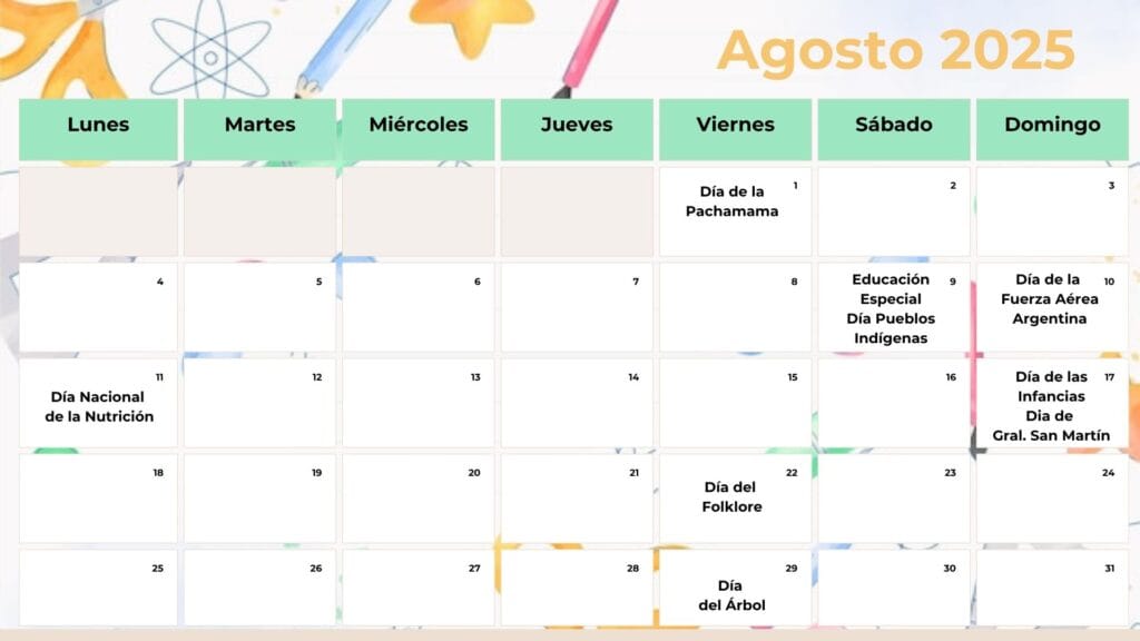 Calendario Efemerides Agosto 2025