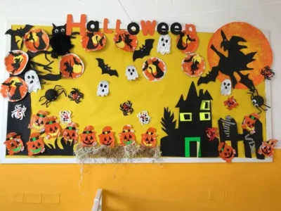 Cartelera escolar con brujas calabaza y fantasmas para halloween Cartelera escolar con brujas calabaza y fantasmas para halloween