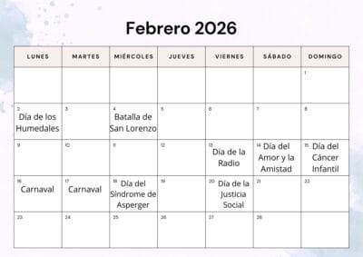 Calendario Efemerides febrero 2026 para imprimir Calendario Efemerides febrero 2026 para imprimir