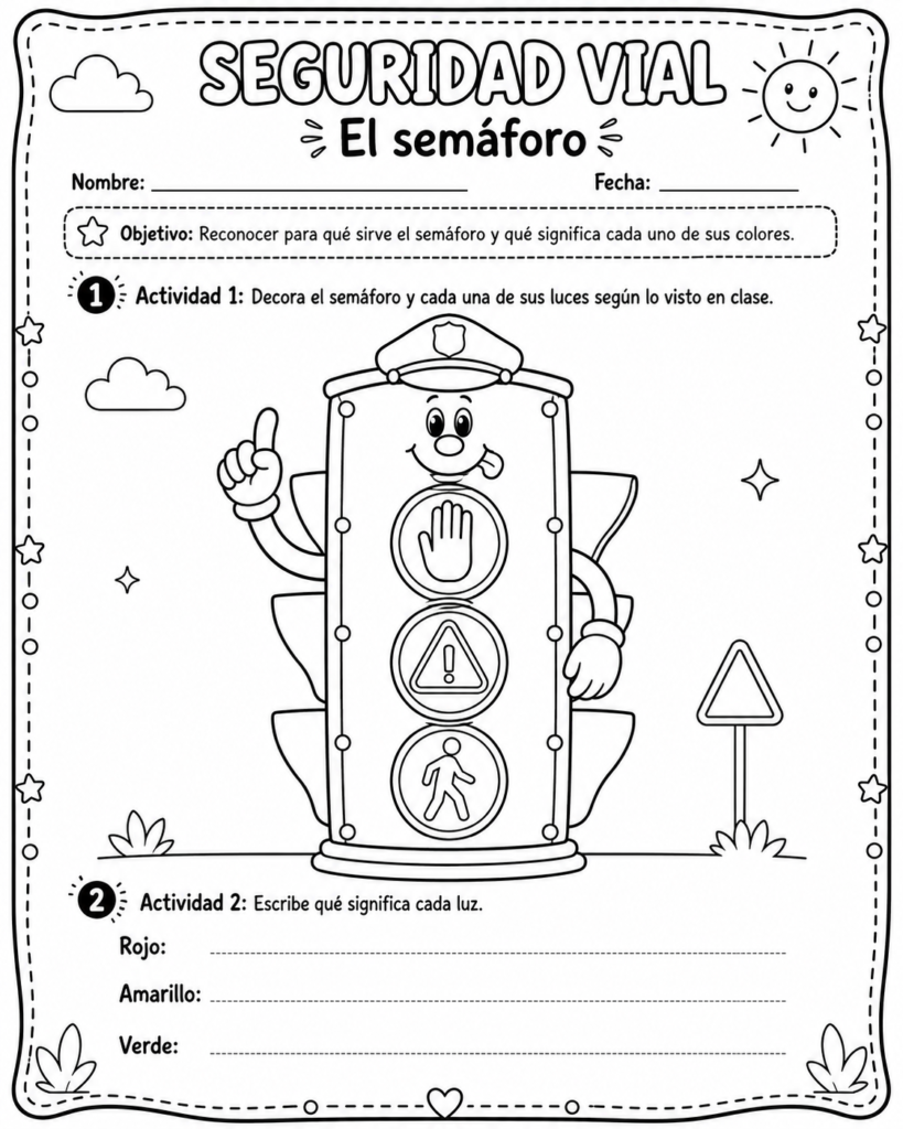 actividad para colorear para niños sobre seguridad vial semaforo