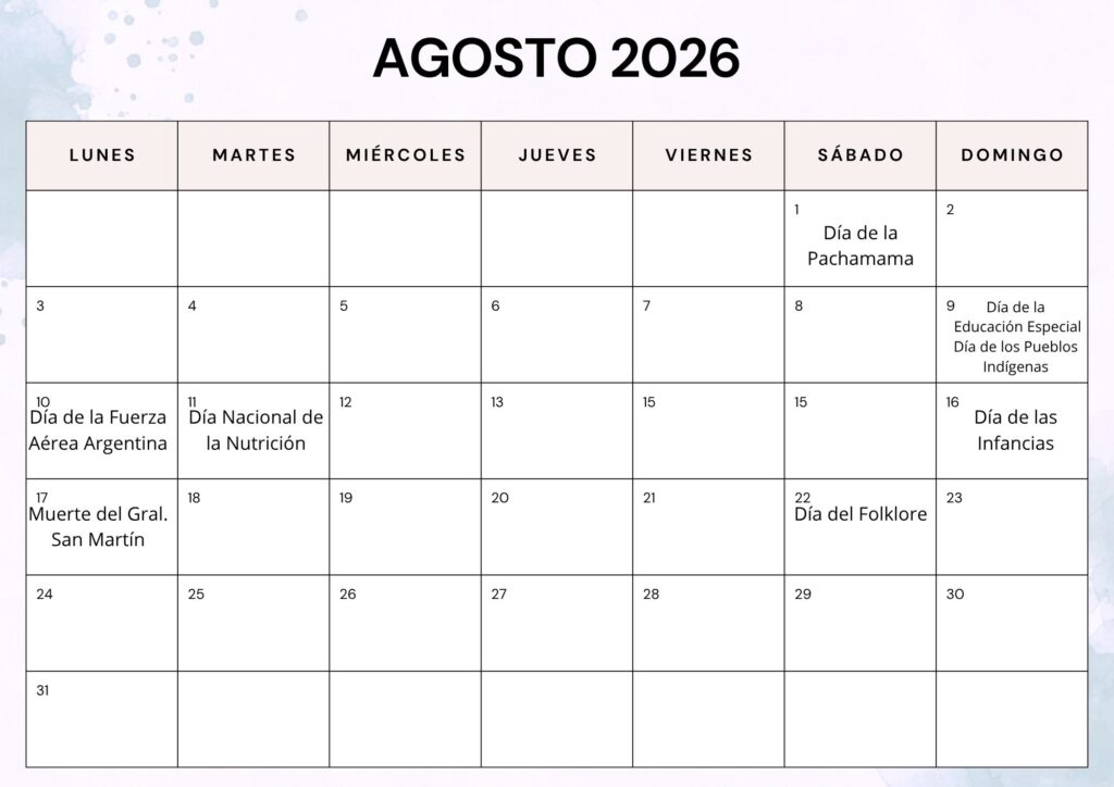 Calendario Efemerides Agosto 2026