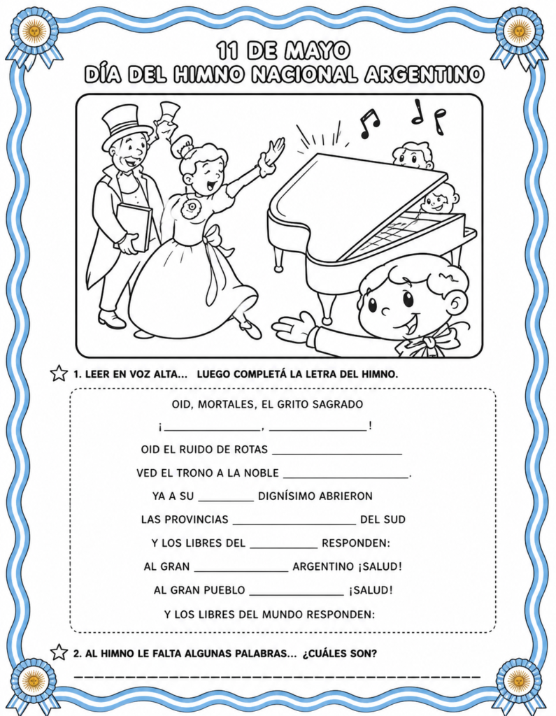 Actividades para primaria para el día del himno nacional colorear y completar