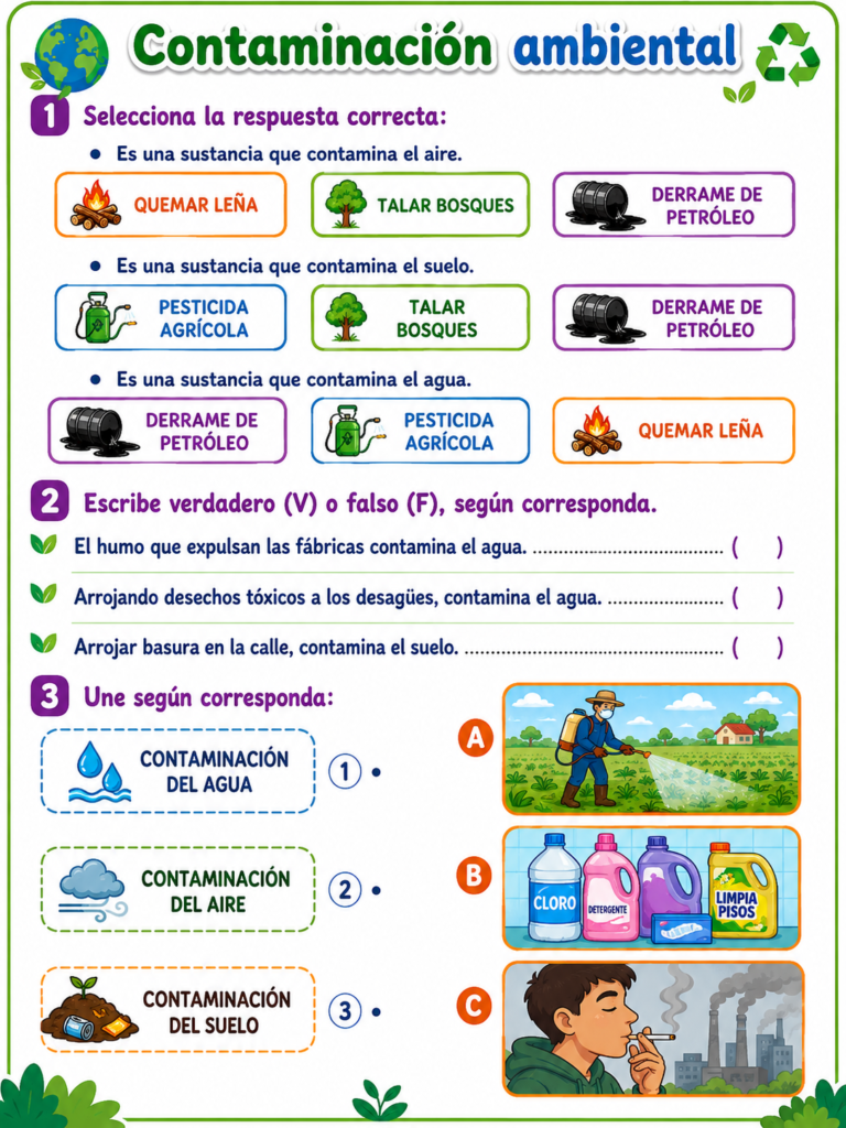 Ficha para completar actividades sobre contaminacion ambiental