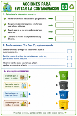 Ficha para completar actividades sobre evitar contaminacion ambiental