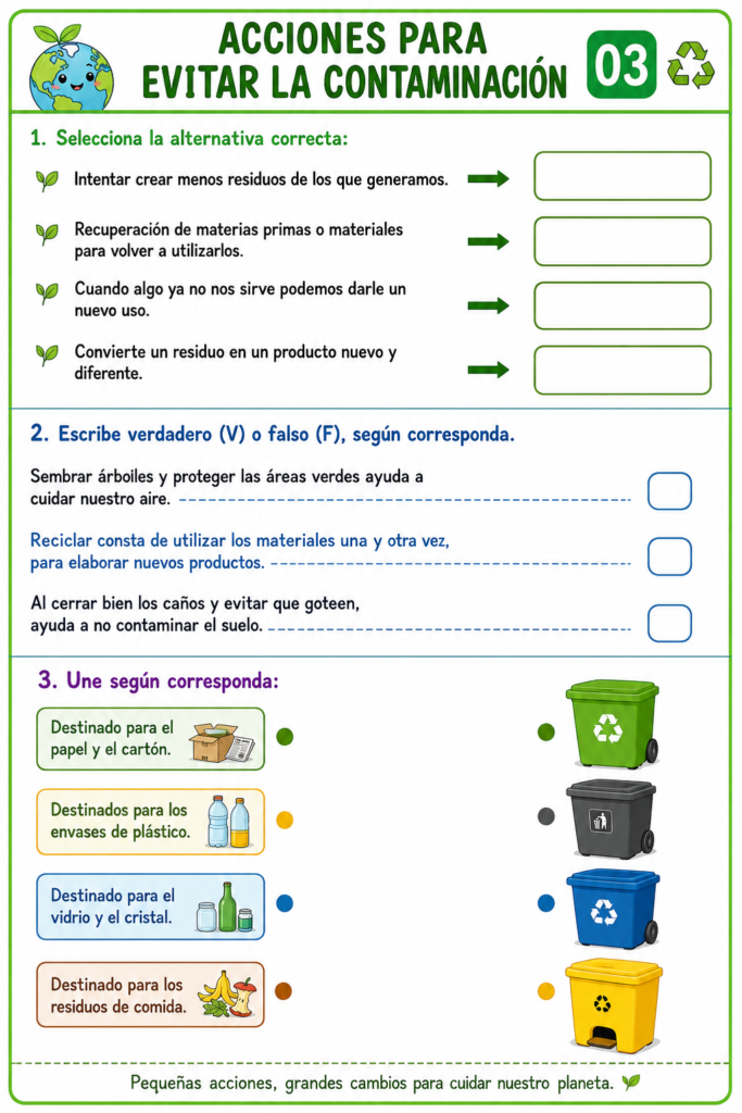 Ficha para completar actividades sobre evitar contaminacion ambiental