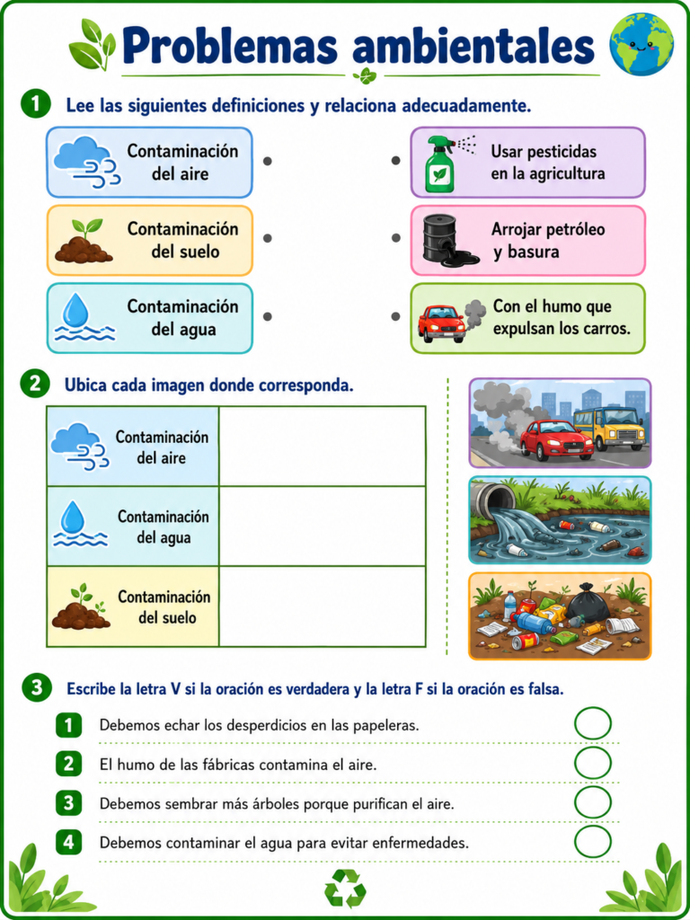 Ficha para completar actividades sobre problemas ambientales