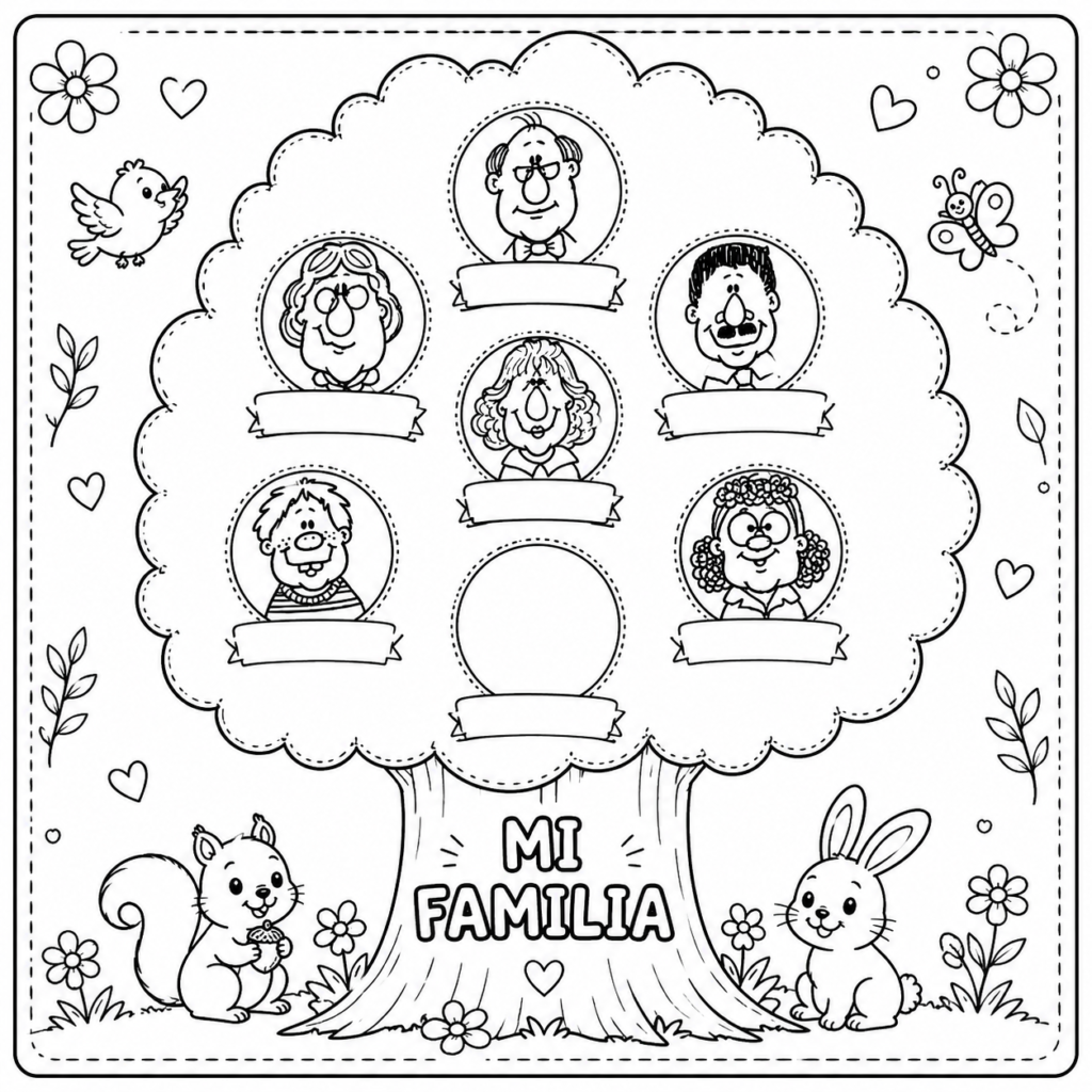 arbol genealogico para niños para completar y colorear