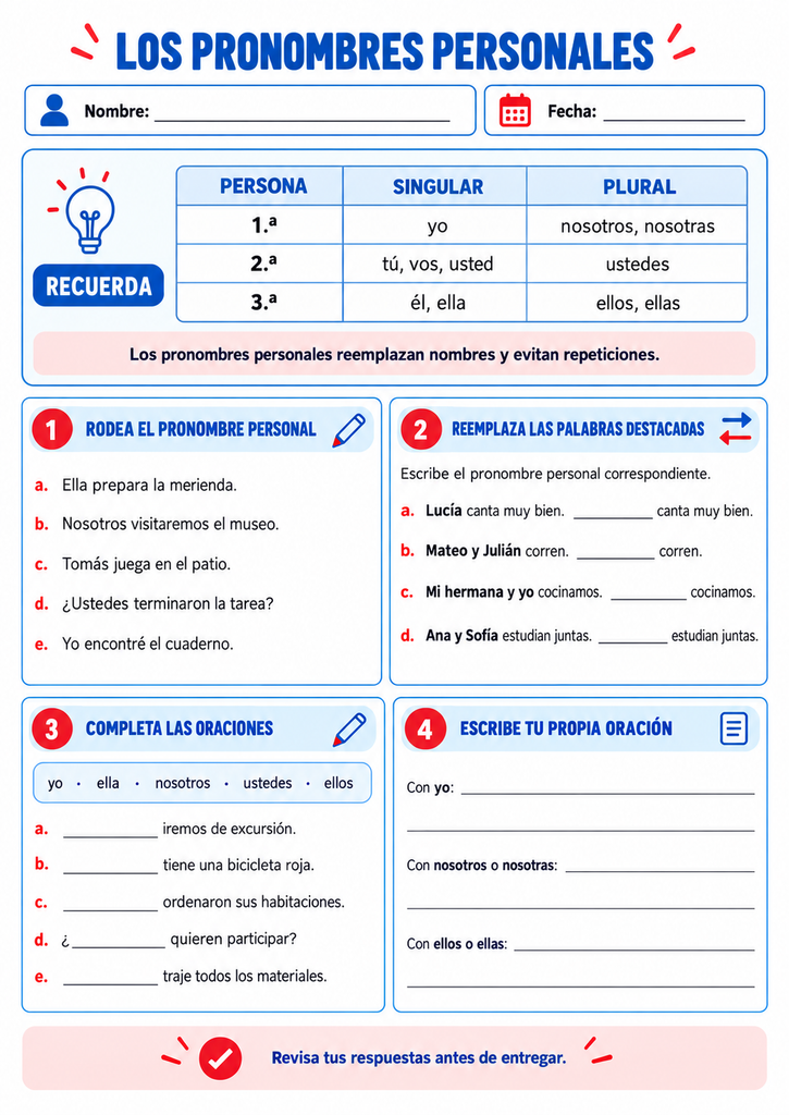 que son los pronombres personales actividades ejercicios